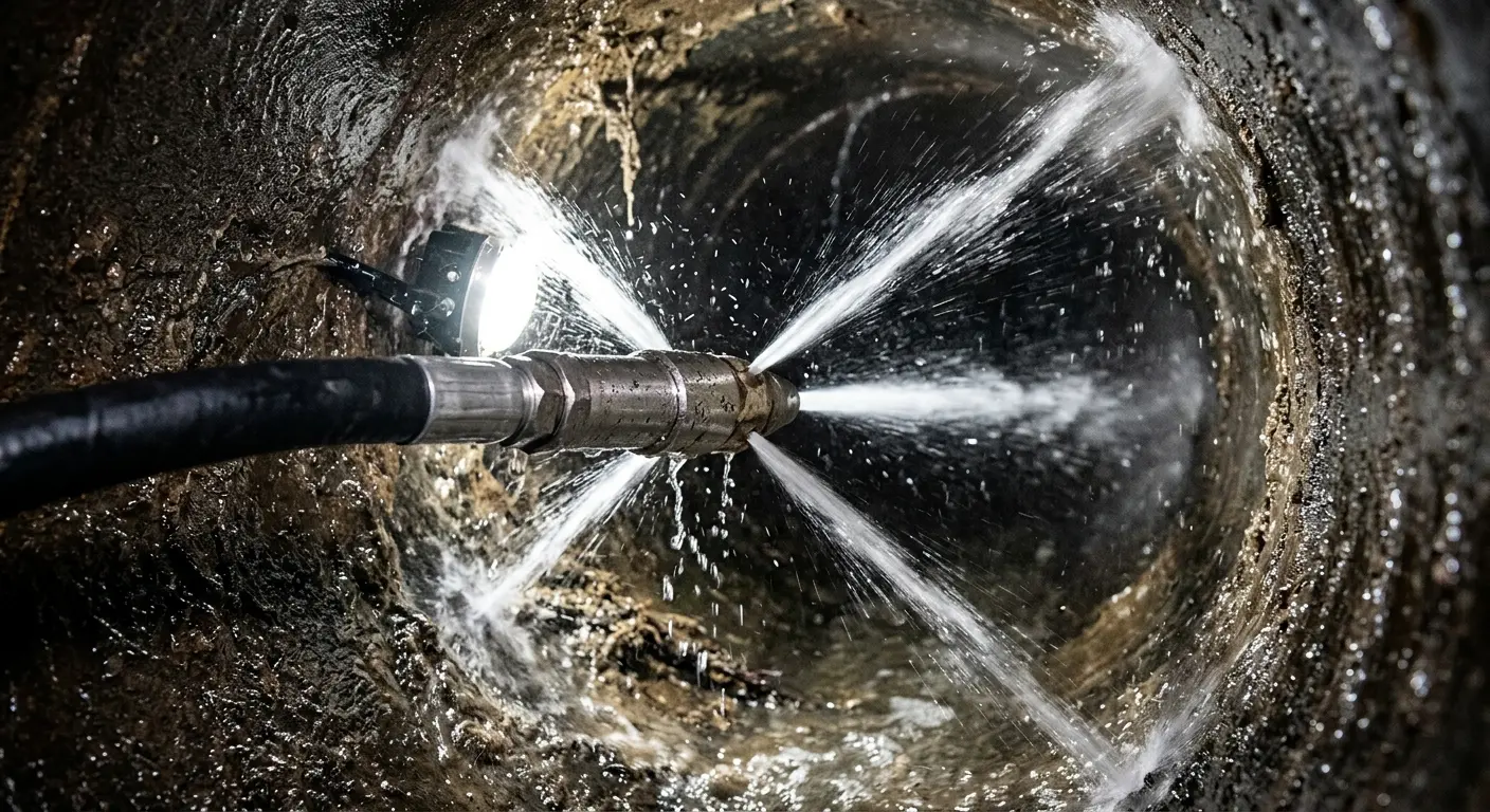 High-pressure hydro jetting nozzle cleaning sewer pipe for Sewer Cleanout in Bladensburg