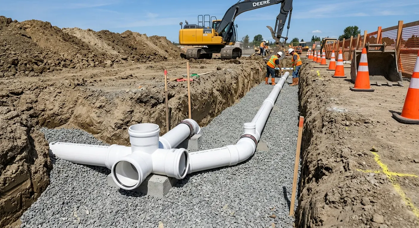 New PVC sewer pipe installation in open trench for Commercial Drain Cleaning in Bladensburg