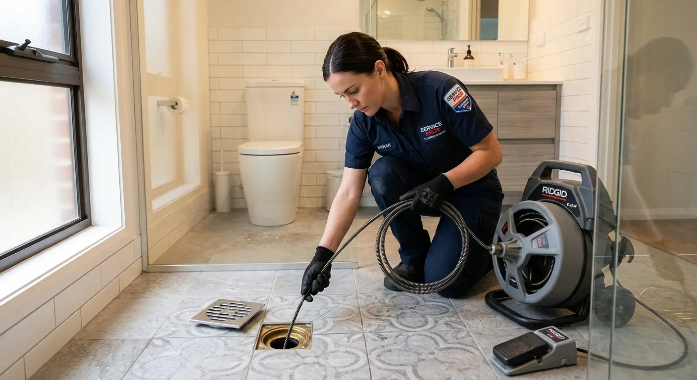 Technician clearing a bathroom floor drain for Clogged Drain Repair in Bladensburg